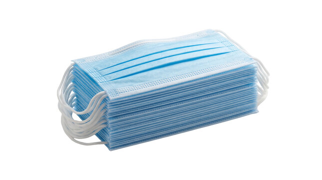 Stack of blue disposable surgical face masks for on transparent background