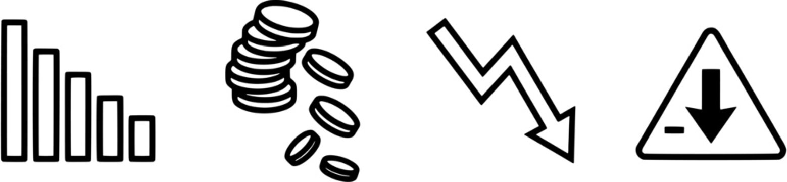 Business loss and financial decline icon set in a simple black outline style including falling chart, descending coins, downward arrow and risk warning sign.