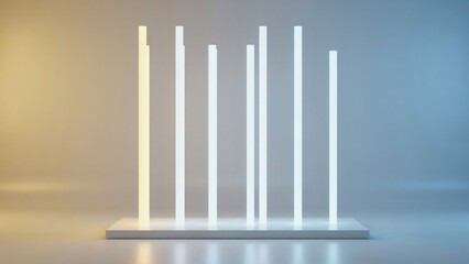 Obraz premium Glowing vertical neon tubes stand on a illuminated podium with blue and warm light. Ideal for futuristic technology and modern product display backgrounds.
