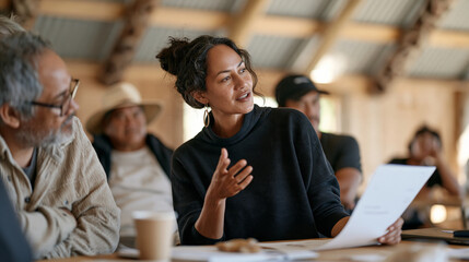Fototapeta premium Maori community coordinator presenting a blockchain based land registry proof of concept to tribal elders at a wooden meeting hall, indigenous sovereignty tech innovation,