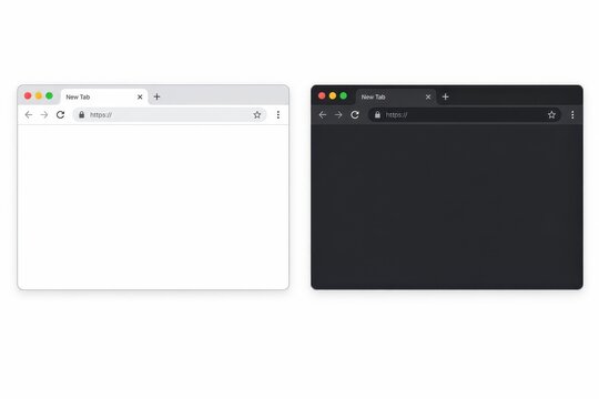Light and dark browser mockup templates with blank webpage interfaces isolated on white for ui designers and website presentation layouts