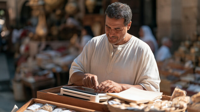 Egyptian marketplace trader updating product prices on a crypto payment terminal integrated into a wooden market stall, tourist district commerce, borderless payment