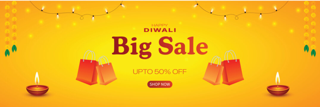 Diwali Big Sale Banner with fairy lights, garlands and shopping bags