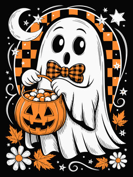 Cute Halloween ghost pumpkin candy bucket checkered bowtie design