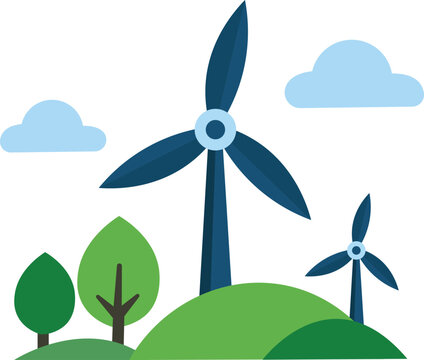 Renewable Energy Wind Turbine Farm Flat Vector Illustration for Clean Power, Sustainability and Green Technology