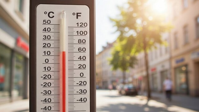 A close-up of a weather thermometer showing hot temperature against a sunny city street background. Ideal for climate change and summer heatwave editorials.