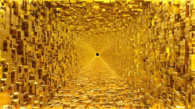 A seamless loop animation passing through shimmering golden corridor composed of 600,000 3D cubes, each with random dimensions for height, width, and depth rendered procedural geometric objects. 