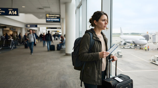 Premium Commercial Stock Photo: Stressed female traveler holding boarding pass and luggage, looking out airport terminal window at airplane during delayed departure. Authentic professional travel phot