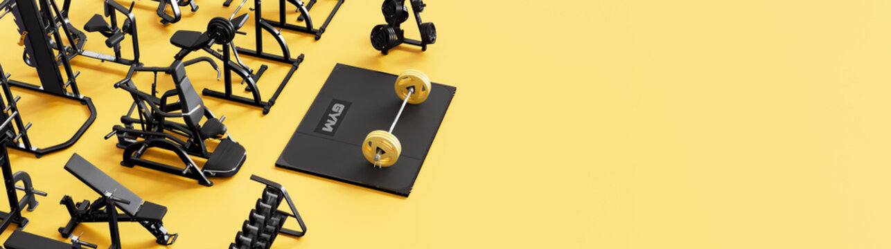Gym equipment on yellow background with copy space. Workout concept design. 3D Rendering, 3D Illustration
