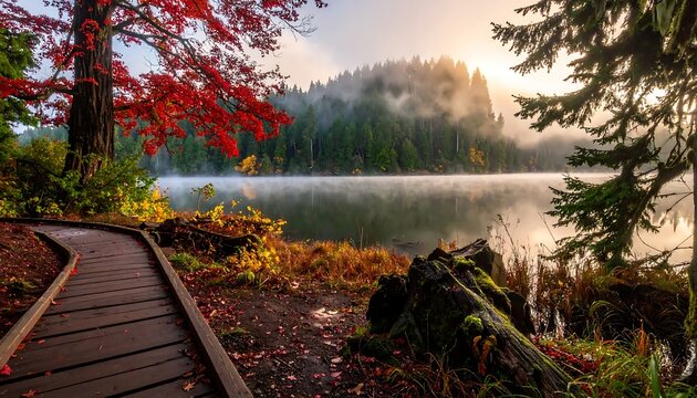 Serene autumn landscape with wooden boardwalk leading to a misty forest lake at sunrise