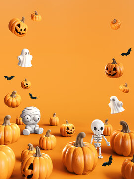 Happy Halloween greeting card design. Bunch of pumpkins and ghosts with copy space on orange background. 3D Rendering, 3D Illustration