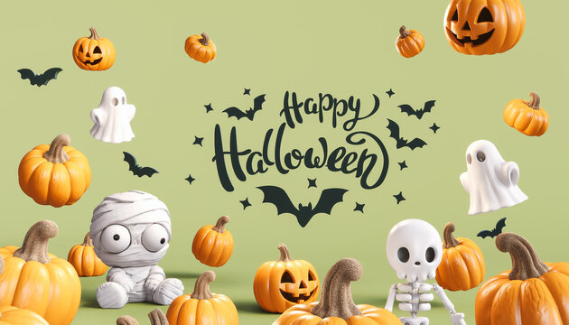 Happy Halloween greeting card design. Bunch of pumpkins and ghosts with Happy Halloween text on mint green background. 3D Rendering, 3D Illustration