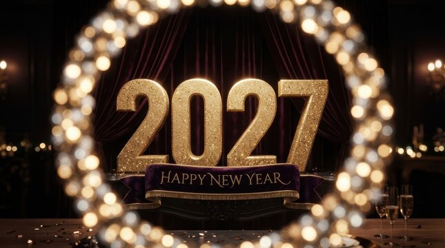Happy New Year Grand 2027 Happy New Year celebration display with sparkling gold numbers framed by bokeh fairy lights on dark velvet stage 2027