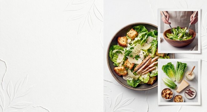 Healthy Eating and Culinary Recipe Template: Chicken Caesar Salad Flat Lay Composition with Copy Space