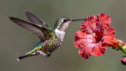 Obraz premium Two hummingbirds hover near a pink flower, wings blurred in motion.