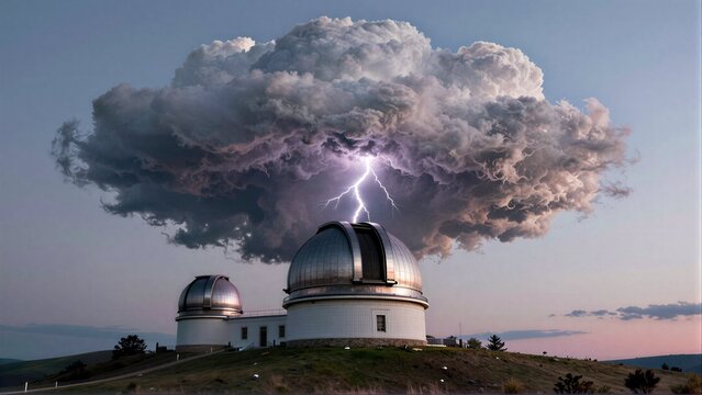 Astronomy observatory under dramatic thunderclouds with striking lightning bolt.