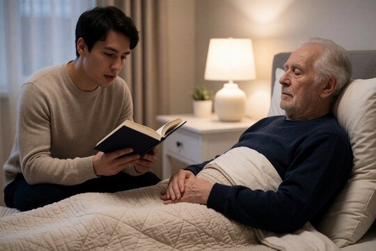 Young man reading a book to an elderly man resting in bed