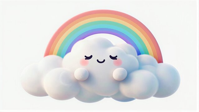 Cute cloud smiles beneath vibrant rainbow, soft pastel colors and joyful expression.