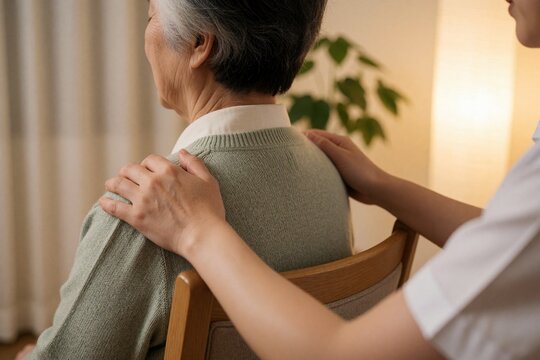 Caregiver hands on the shoulders of a seated elderly woman