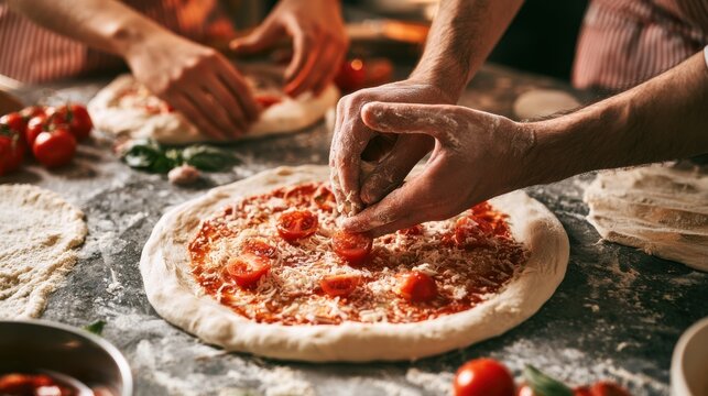 Chef hands placing cherry tomatoes on a fresh pizza dough base during a cooking process.