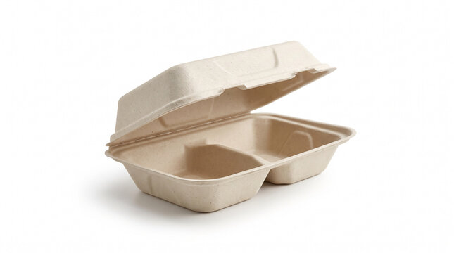 Empty biodegradable sugarcane bagasse clamshell food container on white background, eco-friendly disposable takeout box