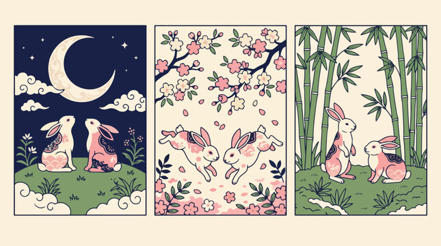 Rabbit vector illustration set featuring cute bunnies with floral patterns and traditional asian nature background elements