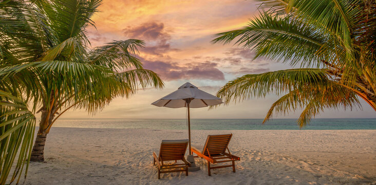 Idyllic tropical love beach sunbeds umbrella palm trees turquoise sea white sand sunny sky summer paradise resort. Perfect summer vacation travel scene. Luxury relax couples honeymoon coastal getaway