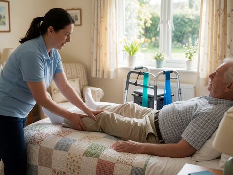 Home health aide assisting elderly patient with leg massage