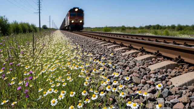 Freight train approaching on tracks bordered by wildflowers