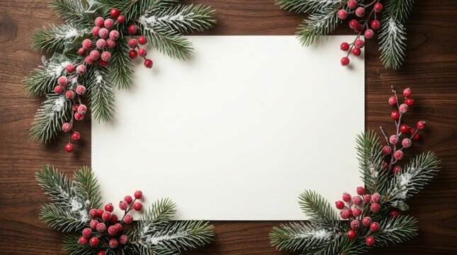 Blank paper card with frosted holly and berries on wood