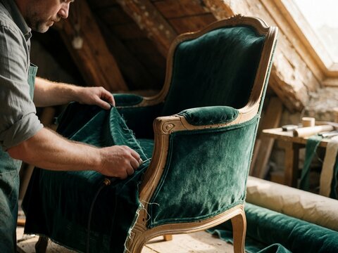 Man reupholstering antique chair with green velvet