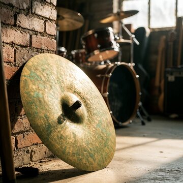 Vintage brass cymbal leaning against brick wall in music studio
