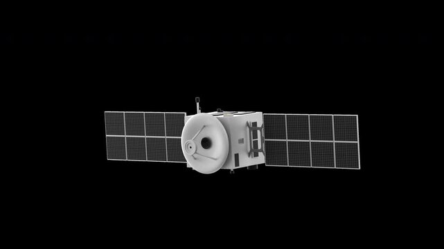Stylized loopable animation of a satellite moving up and down and sending a signal, 3d render with alpha channel