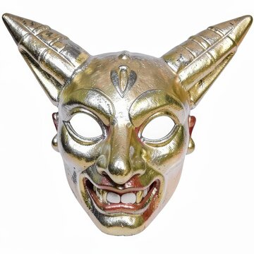 Peruvian puno diablada devil mask with metallic paint, lightweight plaster, horned festival costume, isolated on white background