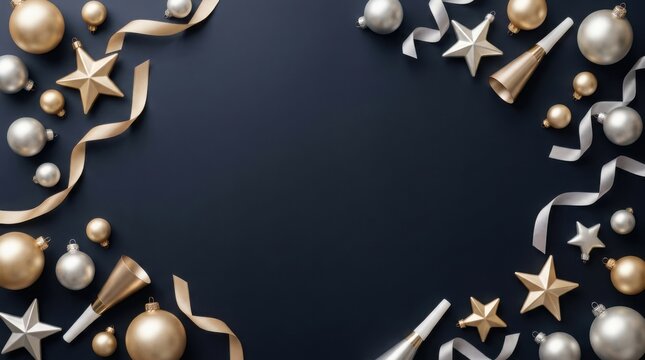 Elegant golden and silver christmas ornaments on dark