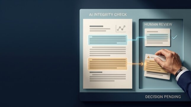 An educator performing human review and decision pending status checks during an AI integrity verification process.