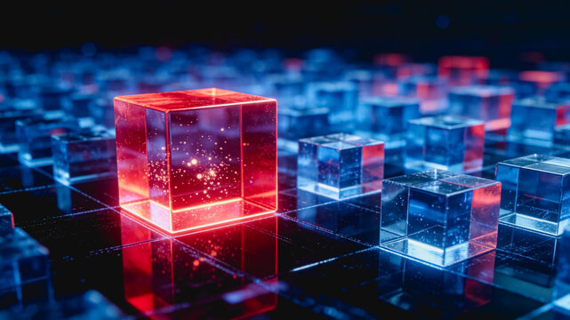 A glowing red transparent cube stands out among blue cubes on a dark digital grid, with inner particles and sharp reflections.