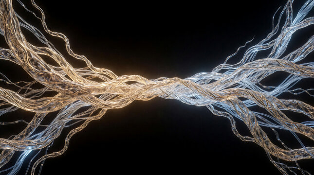Crystal bridge formed by interlocking root strands and fiberoptic cables spanning a dark chasm representing trusted connection