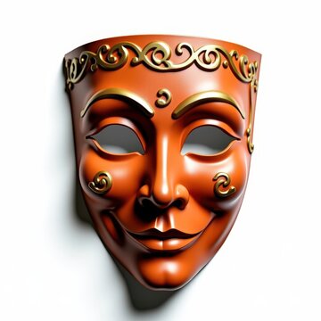 Papiermch italian commedia dell'arte mask in warm terracotta with classical gold swirls on white background