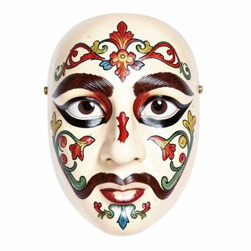 Traditional german fasching mask with swabianbavarian motifs and thick brown eyebrows on white background