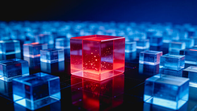 A glowing red translucent cube stands out among a grid of transparent blue cubes on a dark reflective surface, representing digital data or tech innovation.