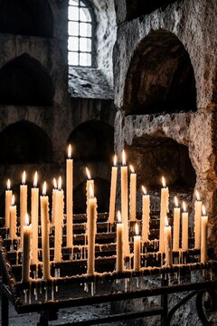Votive candles burning in ancient stone church crypt