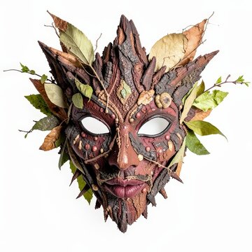 Macedonian vevcani carnival mask with bark and leaves, rustic fantasy nature festival costume isolated on white