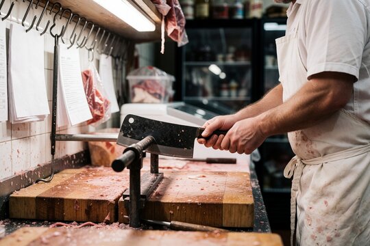 Butcher Sharpening Cleaver Knife on Honing Rod in Meat Shop