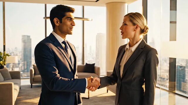 A man and woman shake hands in a modern office setting in a city. The large windows show a skyline while they discuss business matters