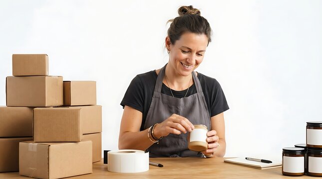 Woman applying labels to small jars at a desk with shipping boxes