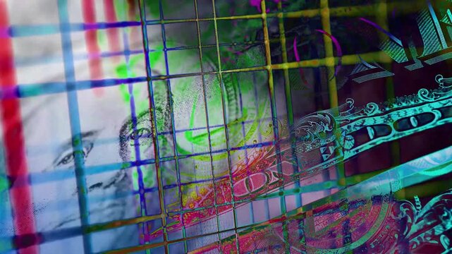 Symbol money concept. Colorful art animation with a one US dollar bill and finance graph background.