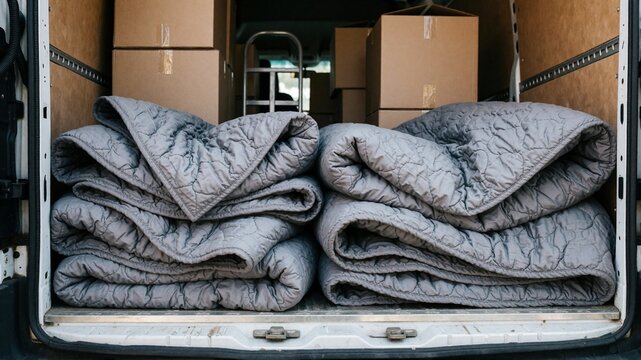 Moving van loaded with boxes and folded blankets