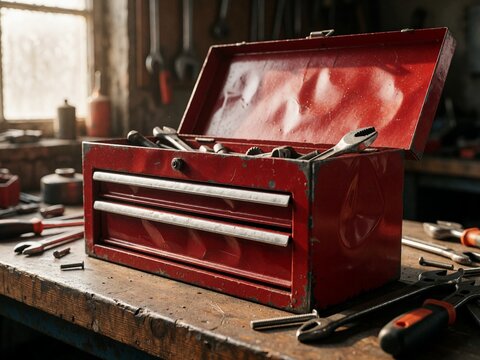 Vintage Red Toolbox with Tools on Workshop Workbench