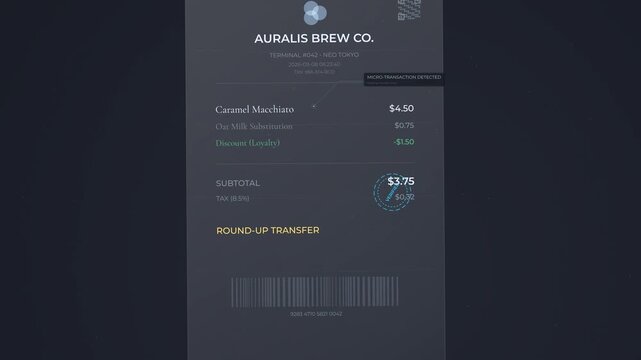 Animated concept of round up micro investing transfer from coffee purchase receipt to a vacation fund secure vault demonstrating automated wealth accumulation and financial independence
